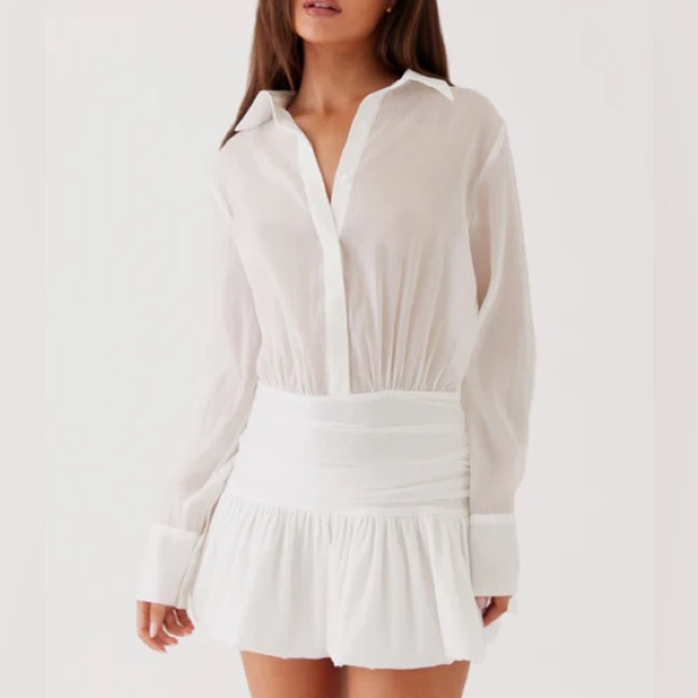 White Mini Shirt Dress with Ruched Waist